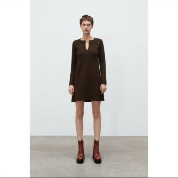 Zara Brown Gold Chain Cutout Long Sleeve Sweater Mini Dress NWT - Picture 1 of 7